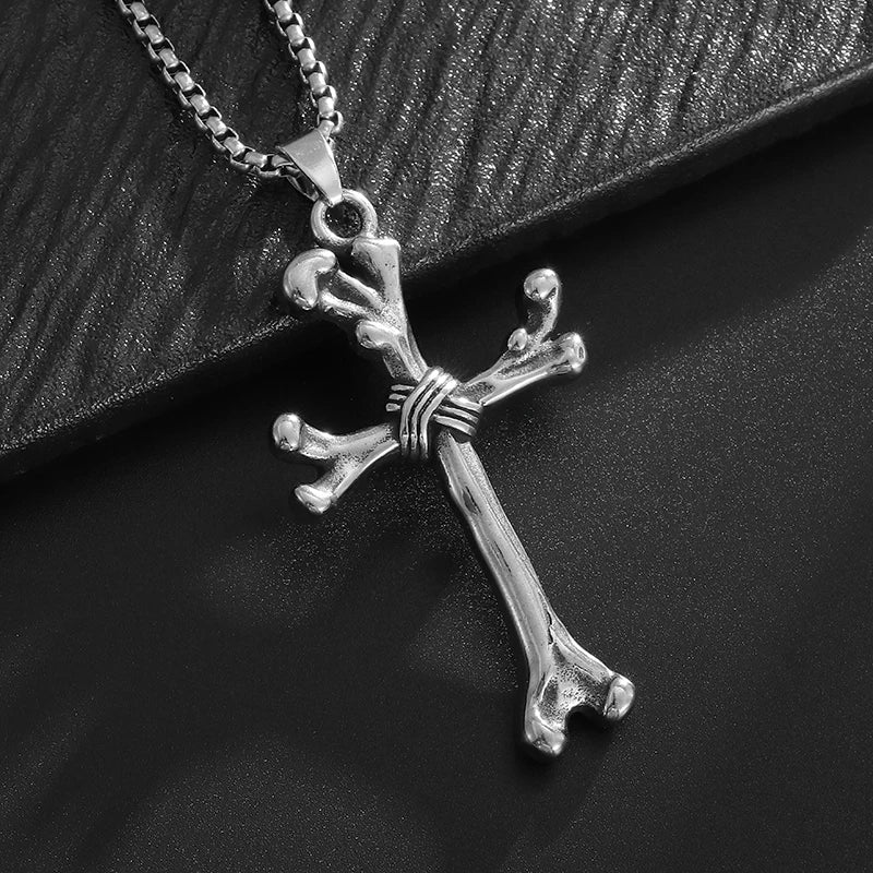Stainless Steel Gothic Bone Cross Pendant Necklace Catholic Jewelry
