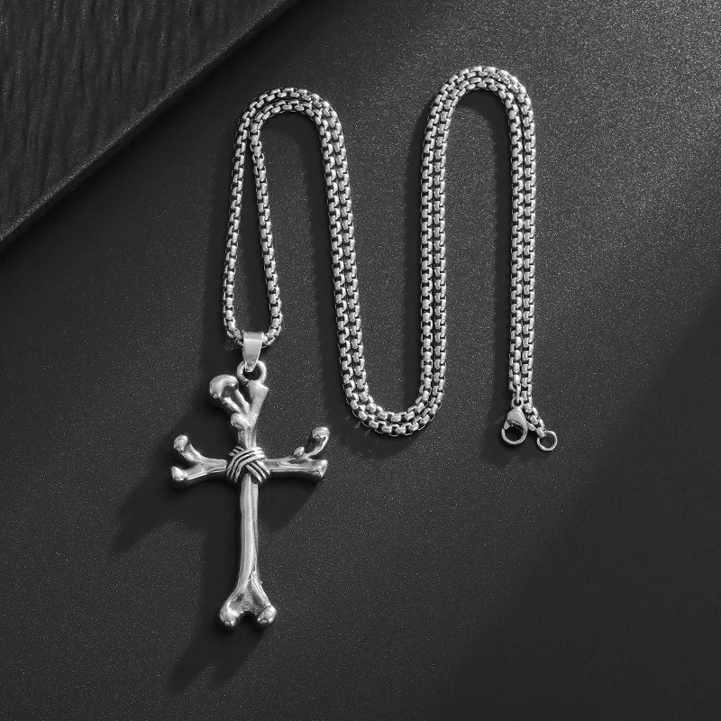 Stainless Steel Gothic Bone Cross Pendant Necklace Catholic Jewelry