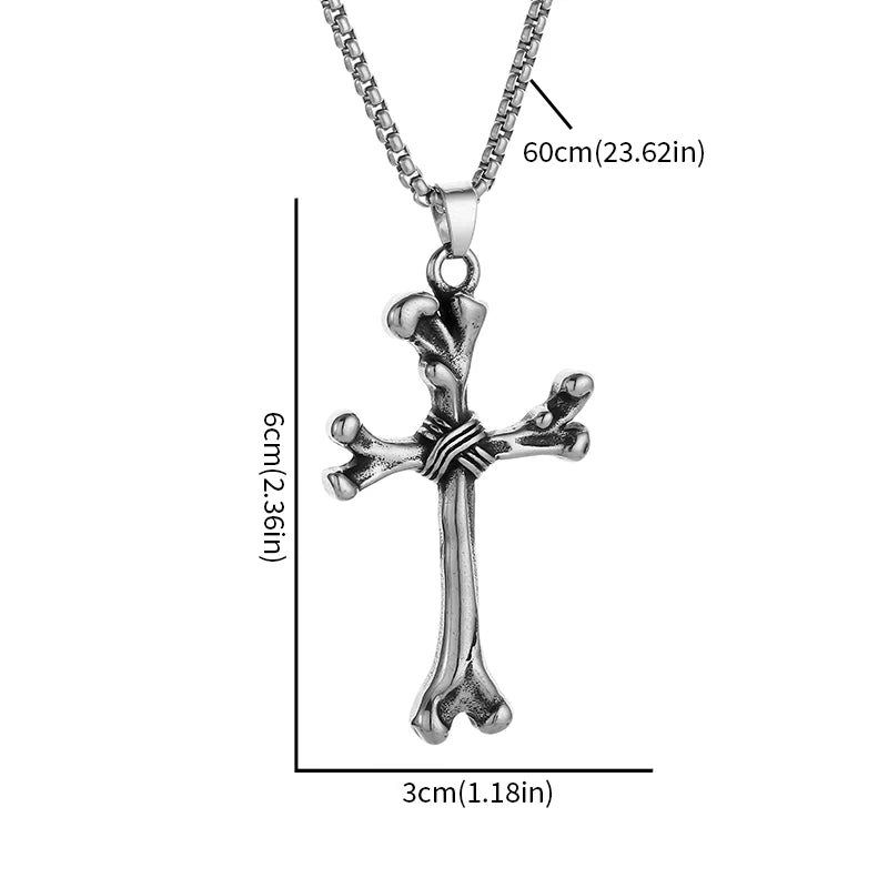 Stainless Steel Gothic Bone Cross Pendant Necklace Catholic Jewelry