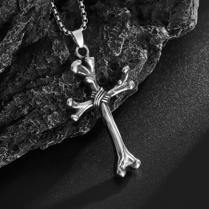 Stainless Steel Gothic Bone Cross Pendant Necklace Catholic Jewelry