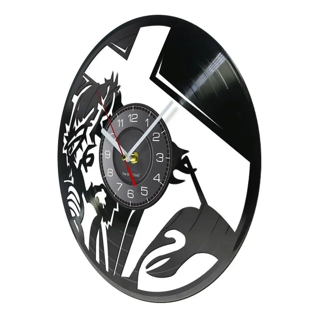 black wall clock featuring a silhouette of Jesus wearing a crown of thorns and a cross in the background made from recycled records